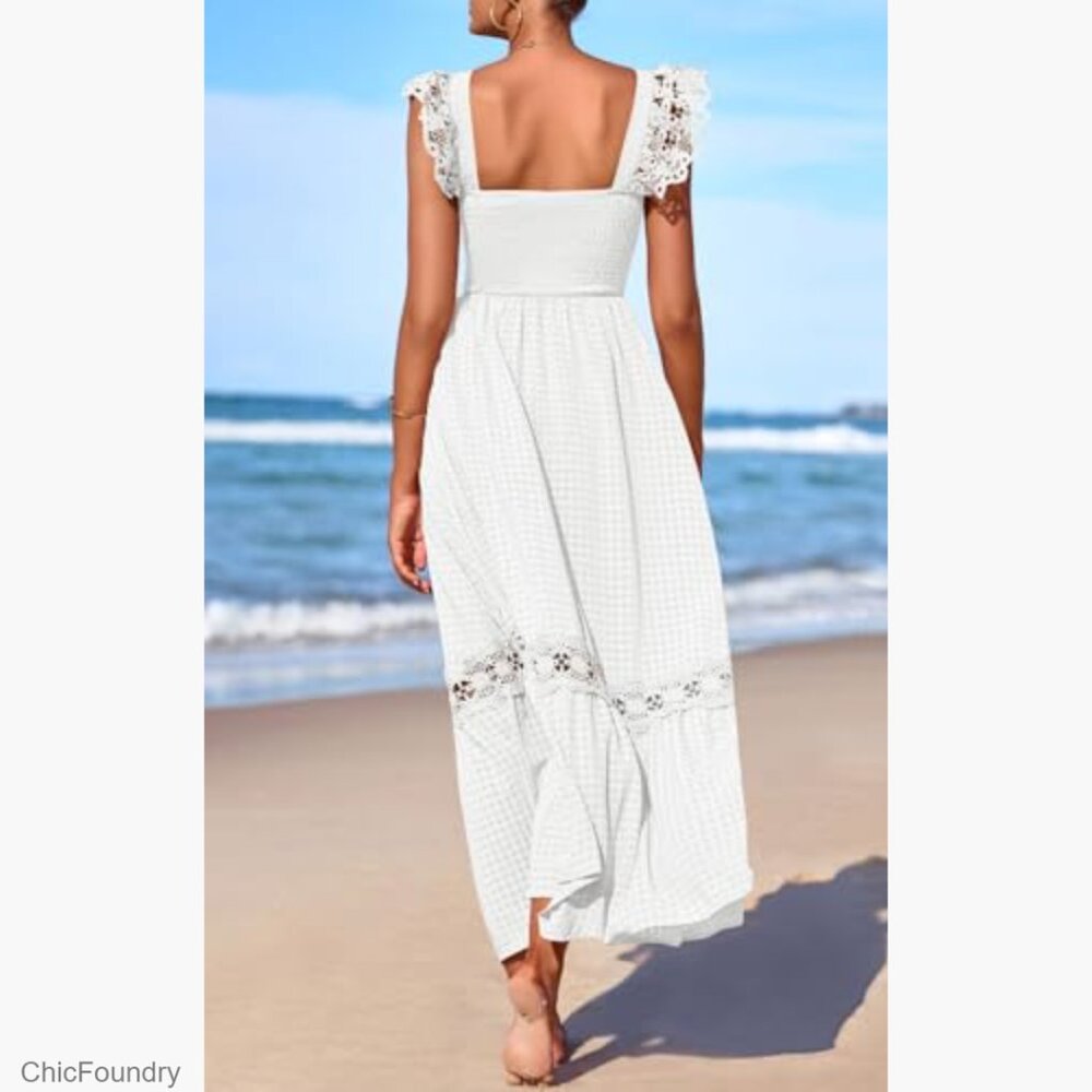 Smocked Maxi Dress with Ruffle Cap Sleeves, Lace Detail, and Pockets - Picture 5 of 7